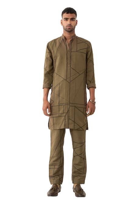 Buy_Son Of A Noble Snob_Brown Linen Ed Pipelline Printed Kurta And Pant Set _Online_at_Aza_Fashions