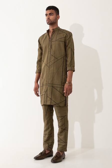 Son Of A Noble Snob_Brown Linen Ed Pipelline Printed Kurta And Pant Set _at_Aza_Fashions