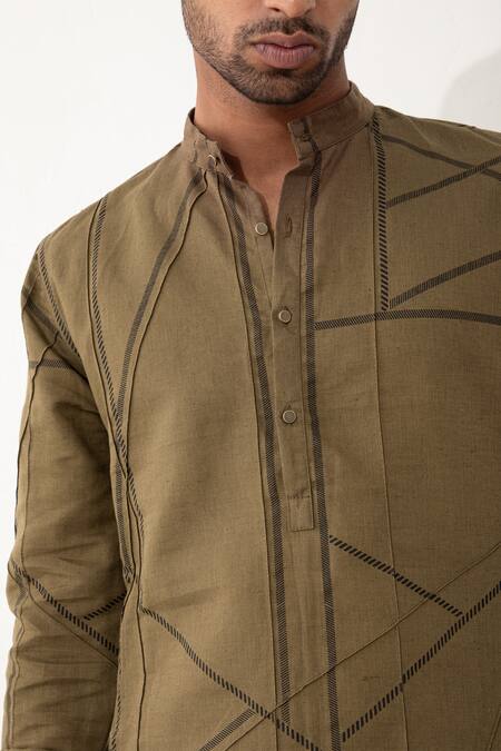Shop_Son Of A Noble Snob_Brown Linen Ed Pipelline Printed Kurta And Pant Set 