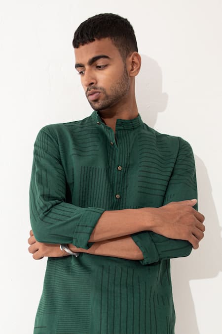 Shop Son Of A Noble Snob Green Linen Tory Reflection Striped Print Kurta And Pant Set Shop_Son Of A Noble Snob_Green Linen Tory Reflection Striped Print Kurta And Pant Set