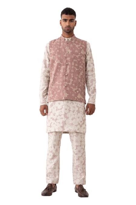 Son Of A Noble Snob_Mauve Linen Polka Dot Printed Bundi And Kurta Set_Online_at_Aza_Fashions