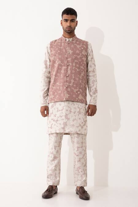 Buy_Son Of A Noble Snob_Mauve Linen Polka Dot Printed Bundi And Kurta Set_Online_at_Aza_Fashions
