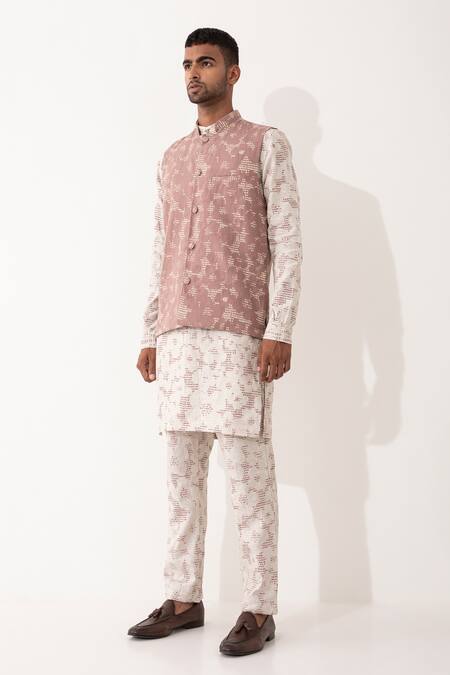 Shop_Son Of A Noble Snob_Mauve Linen Polka Dot Printed Bundi And Kurta Set_Online_at_Aza_Fashions