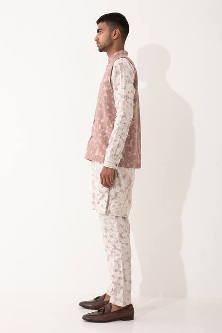 Son Of A Noble Snob_Mauve Linen Polka Dot Printed Bundi And Kurta Set_at_Aza_Fashions