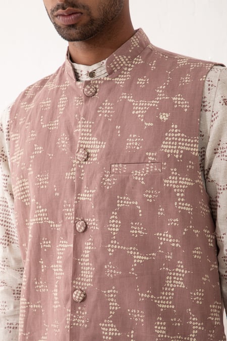 Shop_Son Of A Noble Snob_Mauve Linen Polka Dot Printed Bundi And Kurta Set