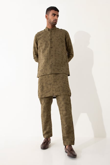 Son of A Noble Snob Brown Linen Printed Polka Dots Void Bundi And Kurta Set  