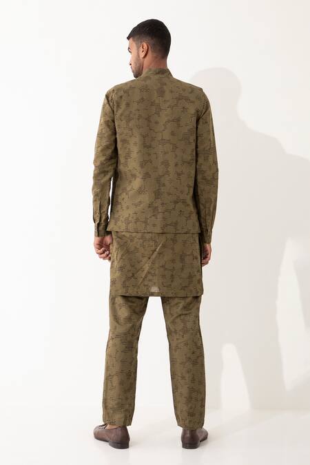 Shop Son Of A Noble Snob Brown Linen Polka Dots Print Bundi And Kurta Set at Aza Fashions Shop_Son Of A Noble Snob_Brown Linen Polka Dots Print Bundi And Kurta Set _at_Aza_Fashions