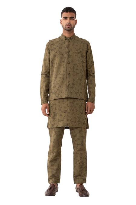 Son Of A Noble Snob Brown Linen Polka Dots Print Bundi And Kurta Set Online at Aza Fashions Son Of A Noble Snob_Brown Linen Polka Dots Print Bundi And Kurta Set _Online_at_Aza_Fashions