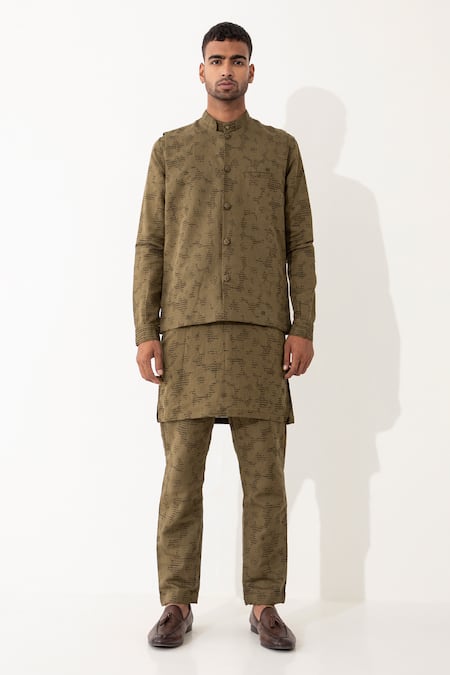 Buy Son Of A Noble Snob Brown Linen Polka Dots Print Bundi And Kurta Set Online at Aza Fashions Buy_Son Of A Noble Snob_Brown Linen Polka Dots Print Bundi And Kurta Set _Online_at_Aza_Fashions