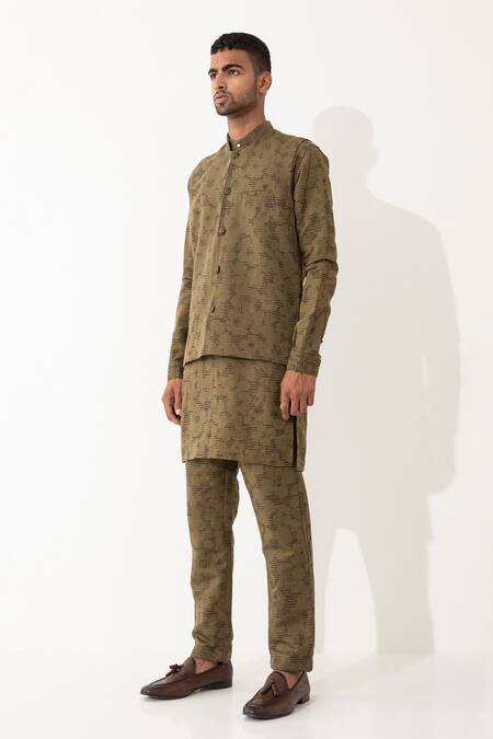 Shop Son Of A Noble Snob Brown Linen Polka Dots Print Bundi And Kurta Set Online at Aza Fashions Shop_Son Of A Noble Snob_Brown Linen Polka Dots Print Bundi And Kurta Set _Online_at_Aza_Fashions
