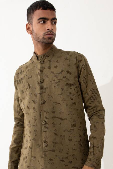 Shop Son Of A Noble Snob Brown Linen Polka Dots Print Bundi And Kurta Set Shop_Son Of A Noble Snob_Brown Linen Polka Dots Print Bundi And Kurta Set