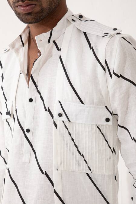 Son Of A Noble Snob_White Linen Striped Bundi And Kurta Set _at_Aza_Fashions