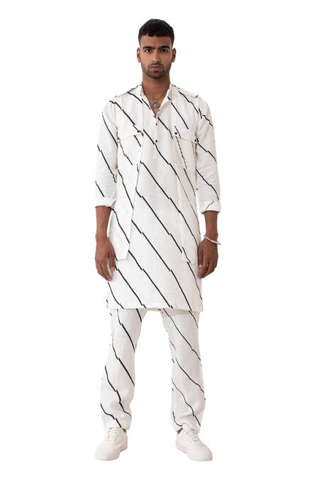 Buy_Son Of A Noble Snob_White Linen Striped Bundi And Kurta Set 