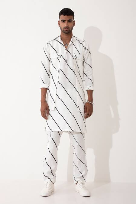 Shop_Son Of A Noble Snob_White Linen Striped Bundi And Kurta Set 