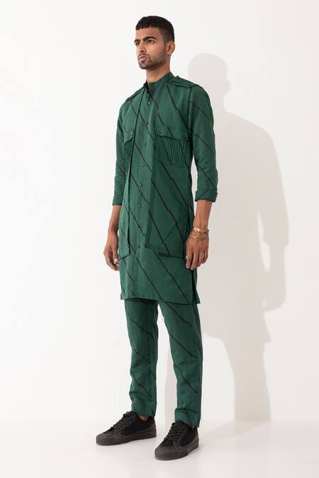 Son Of A Noble Snob Green Linen Bias Printed Bundi And Kurta Set Online at Aza Fashions Son Of A Noble Snob_Green Linen Bias Printed Bundi And Kurta Set _Online_at_Aza_Fashions