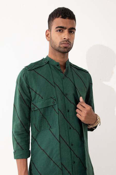 Son Of A Noble Snob Green Linen Bias Printed Bundi And Kurta Set at Aza Fashions Son Of A Noble Snob_Green Linen Bias Printed Bundi And Kurta Set _at_Aza_Fashions