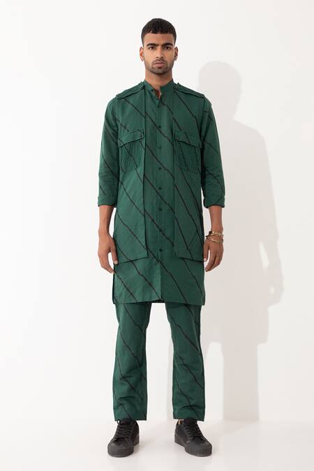 Shop Son Of A Noble Snob Green Linen Bias Printed Bundi And Kurta Set Shop_Son Of A Noble Snob_Green Linen Bias Printed Bundi And Kurta Set