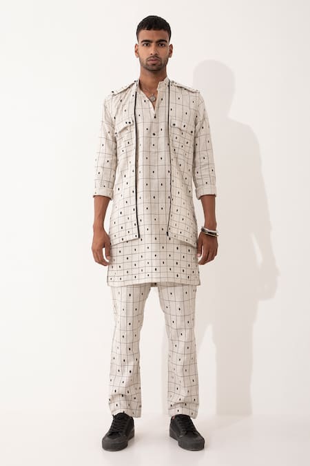 Shop Son Of A Noble Snob Ivory Linen Checkered Bundi And Kurta Set Shop_Son Of A Noble Snob_Ivory Linen Checkered Bundi And Kurta Set