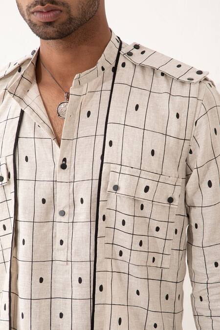 Shop Son Of A Noble Snob Ivory Linen Blot Print Bundi And Kurta Set Shop_Son Of A Noble Snob_Ivory Linen Blot Print Bundi And Kurta Set