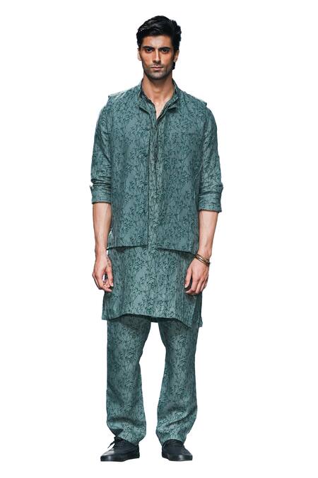 Son Of A Noble Snob Green Linen Forest Print Bundi And Kurta Set Online at Aza Fashions Son Of A Noble Snob_Green Linen Forest Print Bundi And Kurta Set _Online_at_Aza_Fashions