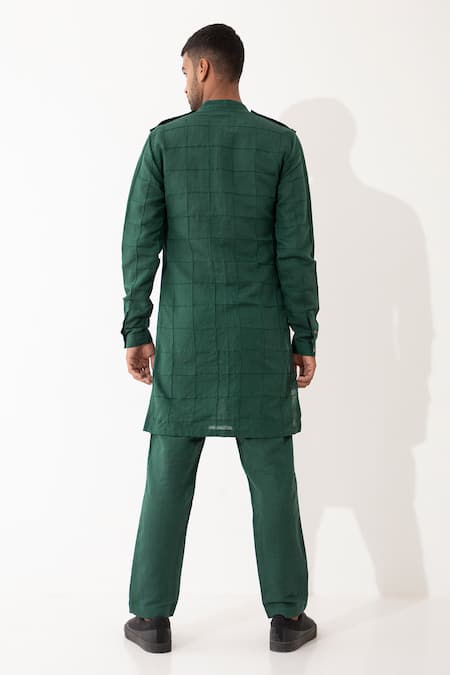 Shop Son Of A Noble Snob Green Linen Embroidery Carter Straight Textured Kurta With Pant at Aza Fashions Shop_Son Of A Noble Snob_Green Linen Embroidery Carter Straight Textured Kurta With Pant _at_Aza_Fashions