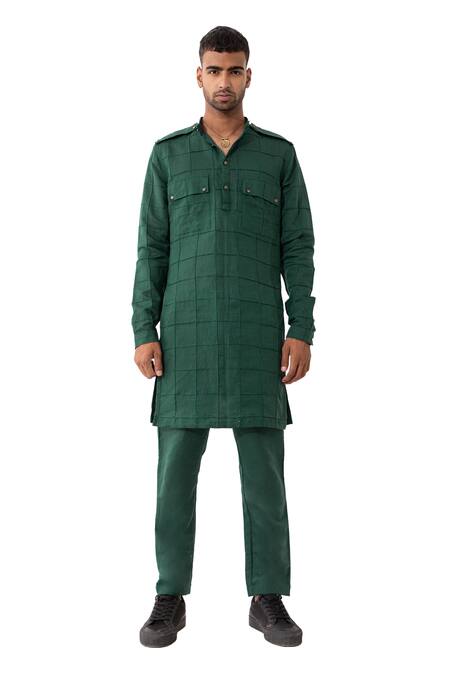 Son Of A Noble Snob Green Linen Embroidery Carter Straight Textured Kurta With Pant Online at Aza Fashions Son Of A Noble Snob_Green Linen Embroidery Carter Straight Textured Kurta With Pant _Online_at_Aza_Fashions