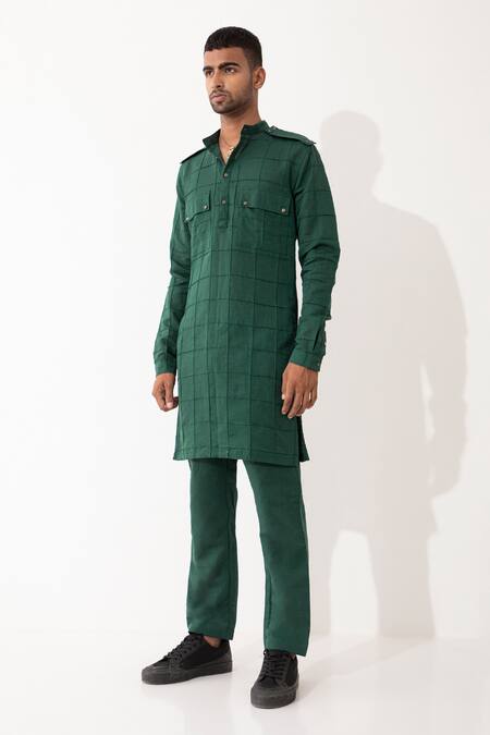 Shop Son Of A Noble Snob Green Linen Embroidery Carter Straight Textured Kurta With Pant Shop_Son Of A Noble Snob_Green Linen Embroidery Carter Straight Textured Kurta With Pant