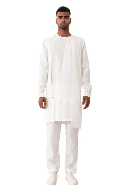 Buy_Son Of A Noble Snob_White Linen Niero Asymmetric Solid Kurta With Pant _Online_at_Aza_Fashions