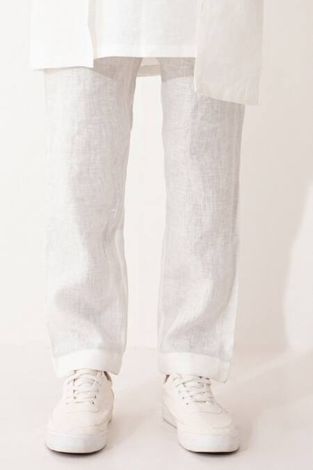 Shop_Son Of A Noble Snob_White Linen Niero Asymmetric Solid Kurta With Pant _Online_at_Aza_Fashions