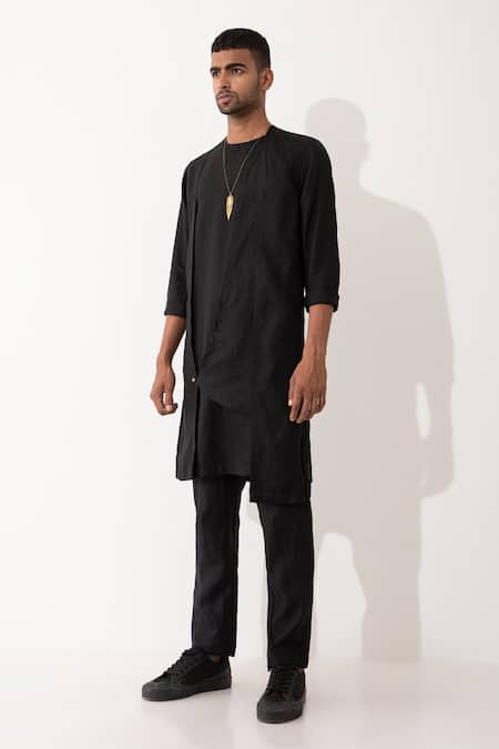 Shop Son Of A Noble Snob Black Linen Niero Asymmetric Solid Kurta Pant Set Shop_Son Of A Noble Snob_Black Linen Niero Asymmetric Solid Kurta Pant Set