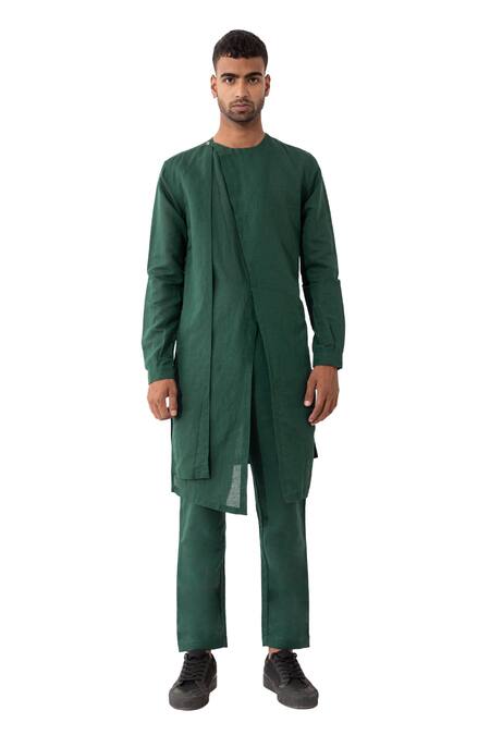 Buy Son Of A Noble Snob Green Linen Kyo Multi-layered Solid Kurta With Pant Online at Aza Fashions Buy_Son Of A Noble Snob_Green Linen Kyo Multi-layered Solid Kurta With Pant _Online_at_Aza_Fashions