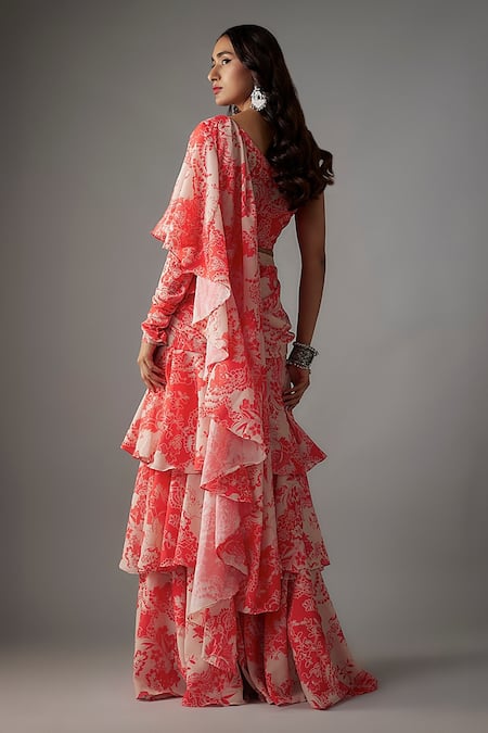 Shop Vana Ethnics Pink Viscose, Crepe, Blossom Print Pre-draped Ruffle Tiered Saree With Blouse at Aza Fashions Shop_Vana Ethnics_Pink Viscose, Crepe, Blossom Print Pre-draped Ruffle Tiered Saree With Blouse _at_Aza_Fashions