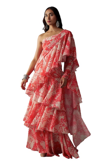 Vana Ethnics Pink Viscose, Crepe, Blossom Print Pre-draped Ruffle Tiered Saree With Blouse Online at Aza Fashions Vana Ethnics_Pink Viscose, Crepe, Blossom Print Pre-draped Ruffle Tiered Saree With Blouse _Online_at_Aza_Fashions