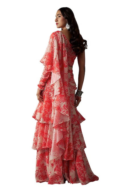 Buy Vana Ethnics Pink Viscose, Crepe, Blossom Print Pre-draped Ruffle Tiered Saree With Blouse Online at Aza Fashions Buy_Vana Ethnics_Pink Viscose, Crepe, Blossom Print Pre-draped Ruffle Tiered Saree With Blouse _Online_at_Aza_Fashions