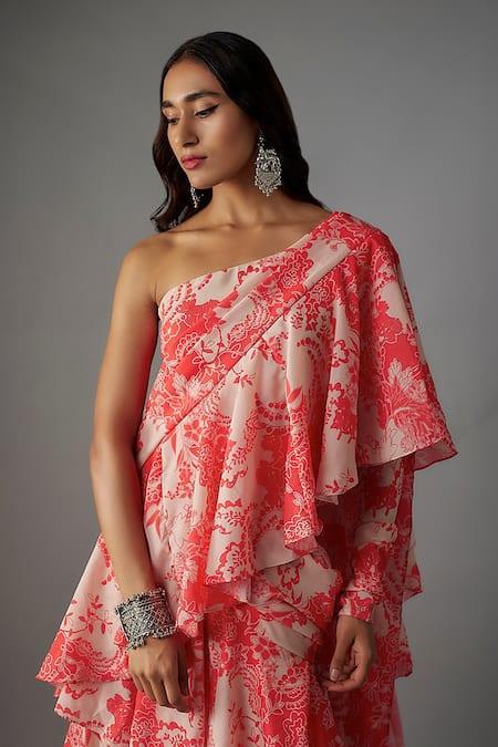 Shop Vana Ethnics Pink Viscose, Crepe, Blossom Print Pre-draped Ruffle Tiered Saree With Blouse Online at Aza Fashions Shop_Vana Ethnics_Pink Viscose, Crepe, Blossom Print Pre-draped Ruffle Tiered Saree With Blouse _Online_at_Aza_Fashions