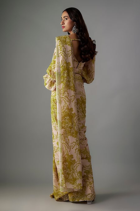 Shop Vana Ethnics Green Viscose, Crepe Square Neck Bloom Print Pre-draped Saree With Blouse at Aza Fashions Shop_Vana Ethnics_Green Viscose, Crepe Square Neck Bloom Print Pre-draped Saree With Blouse _at_Aza_Fashions