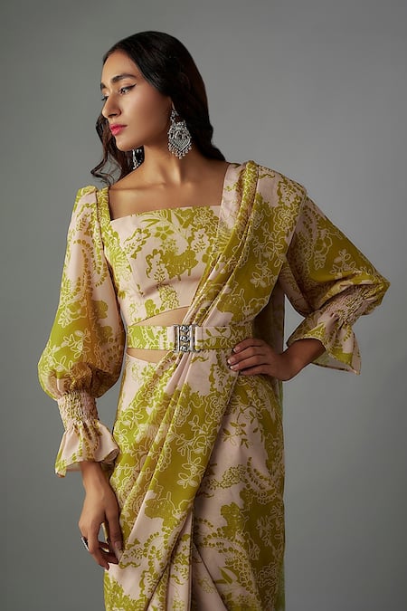 Shop Vana Ethnics Green Viscose, Crepe Square Neck Bloom Print Pre-draped Saree With Blouse Online at Aza Fashions Shop_Vana Ethnics_Green Viscose, Crepe Square Neck Bloom Print Pre-draped Saree With Blouse _Online_at_Aza_Fashions