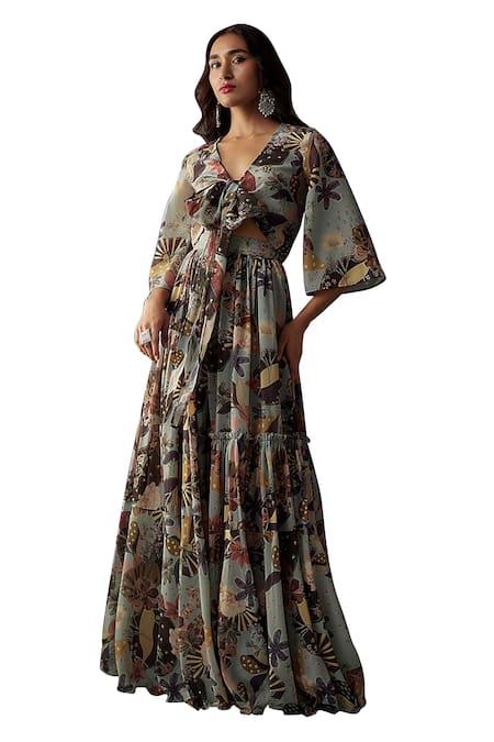 Vana Ethnics_Grey Viscose V-neck Botanic Fleur Print Lehenga With Blouse _Online_at_Aza_Fashions