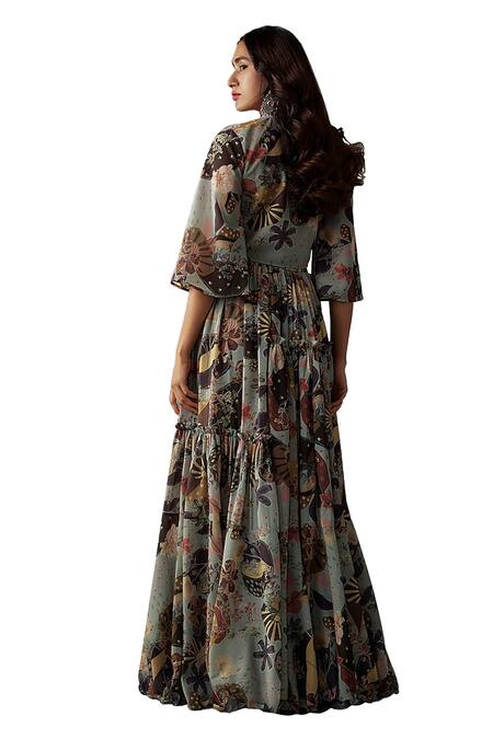 Buy_Vana Ethnics_Grey Viscose V-neck Botanic Fleur Print Lehenga With Blouse _Online_at_Aza_Fashions