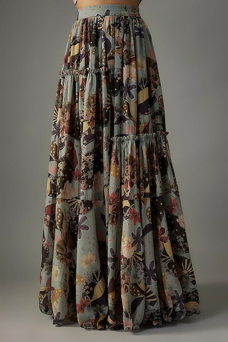 Shop_Vana Ethnics_Grey Viscose V-neck Botanic Fleur Print Lehenga With Blouse _Online_at_Aza_Fashions