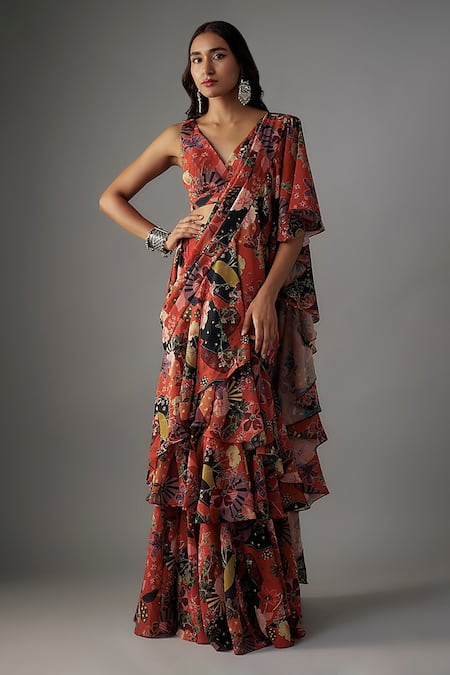 Vana Ethnics Rafflesia Garden Print Pre-Draped Ruffle Tiered Saree With Blouse 