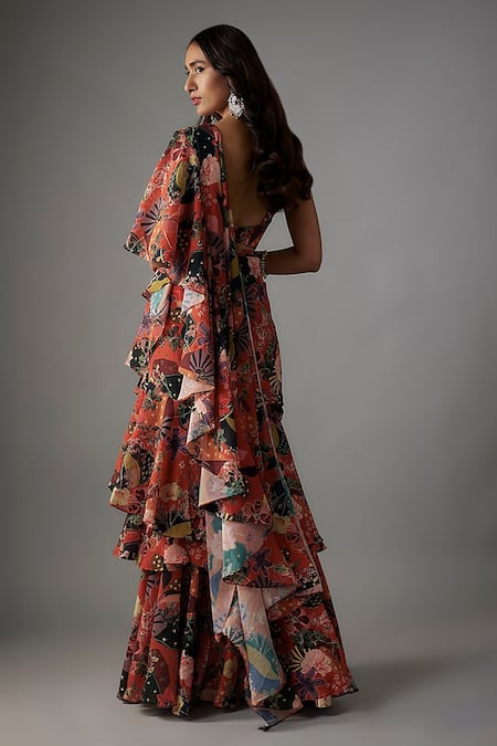 Vana Ethnics Rafflesia Garden Print Pre-Draped Ruffle Tiered Saree With Blouse 