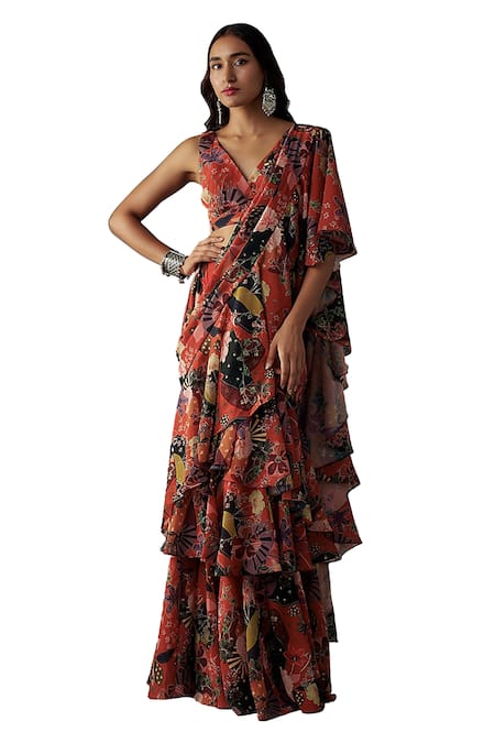 Vana Ethnics Red Viscose Rafflesia Garden Print Pre-draped Ruffle Tiered Saree With Blouse Online at Aza Fashions Vana Ethnics_Red Viscose Rafflesia Garden Print Pre-draped Ruffle Tiered Saree With Blouse _Online_at_Aza_Fashions