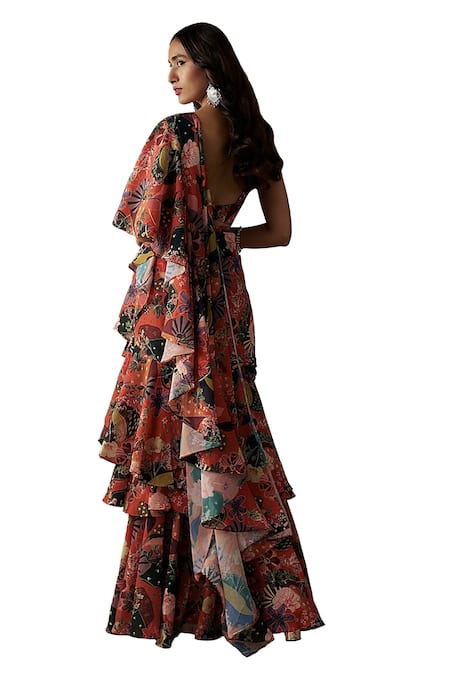Buy Vana Ethnics Red Viscose Rafflesia Garden Print Pre-draped Ruffle Tiered Saree With Blouse Online at Aza Fashions Buy_Vana Ethnics_Red Viscose Rafflesia Garden Print Pre-draped Ruffle Tiered Saree With Blouse _Online_at_Aza_Fashions