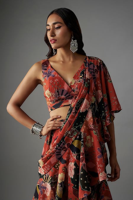 Shop Vana Ethnics Red Viscose Rafflesia Garden Print Pre-draped Ruffle Tiered Saree With Blouse Online at Aza Fashions Shop_Vana Ethnics_Red Viscose Rafflesia Garden Print Pre-draped Ruffle Tiered Saree With Blouse _Online_at_Aza_Fashions
