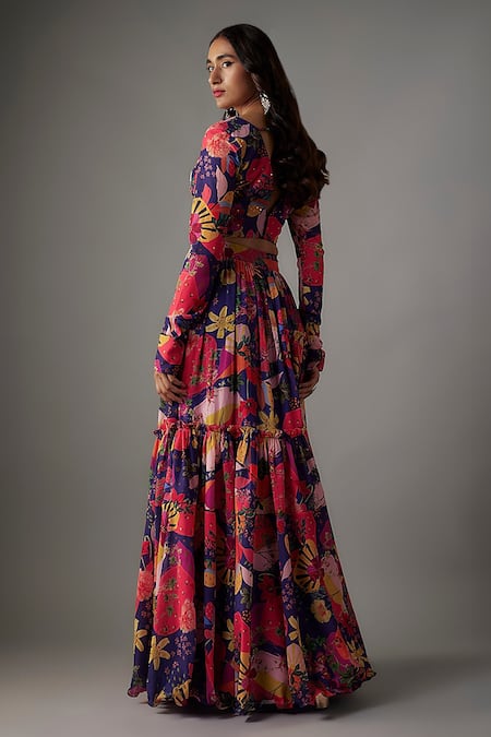 Shop_Vana Ethnics_Multi Color Viscose, Linen Sequins, Embroidery Bloom Carnival Print Lehenga Set _at_Aza_Fashions