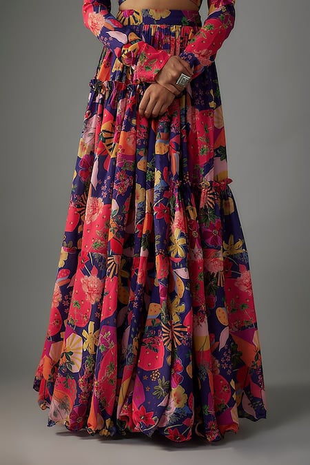 Vana Ethnics_Multi Color Viscose, Linen Sequins, Embroidery Bloom Carnival Print Lehenga Set _Online_at_Aza_Fashions