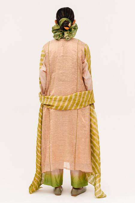 Shop_Naina Jain_Peach Silk, Linen Embroidery, Mirrors Round Mej Yoke Textured Kurta Pant Set_at_Aza_Fashions