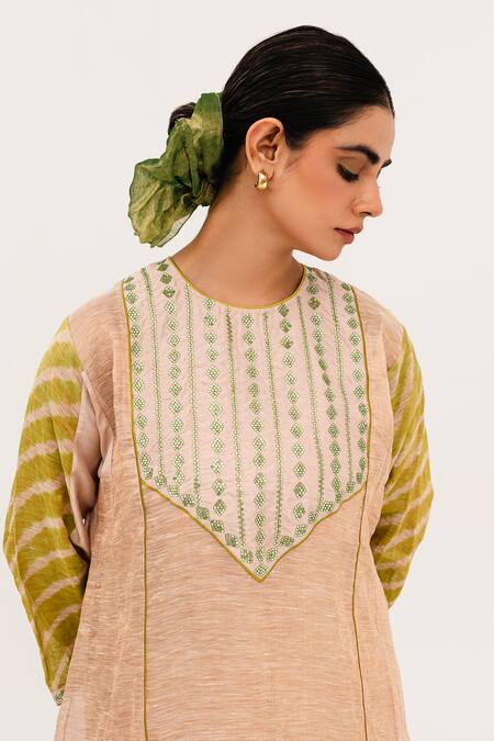 Shop_Naina Jain_Peach Silk, Linen Embroidery, Mirrors Round Mej Yoke Textured Kurta Pant Set_Online_at_Aza_Fashions