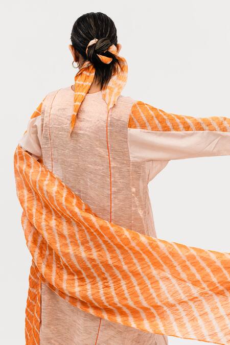 Shop_Naina Jain_Orange Silk, Linen Embroidery, Mirrors Mej Bloom Yoke Textured Kurta Pant Set_at_Aza_Fashions